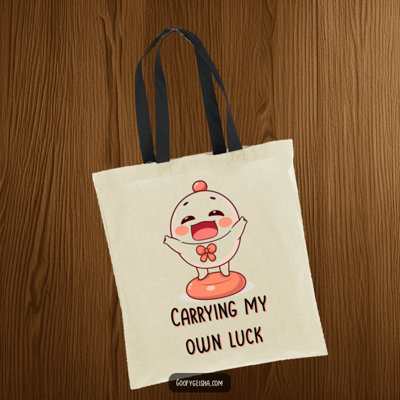 Funny Daruma doll tote bag showcasing a tiny, happy character energetically bouncing, ideal for stylish and cheerful everyday use.