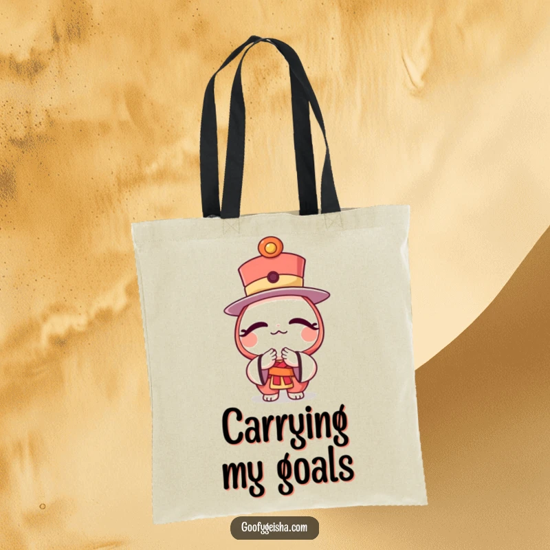 Funny tote bag featuring a character wearing a daruma doll top hat, offering a charming and respectful bow.