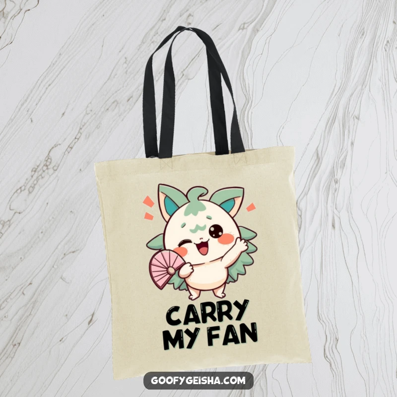Funny tote bag with a character energetically fanning itself with a comical expression. Practical and humorous.
