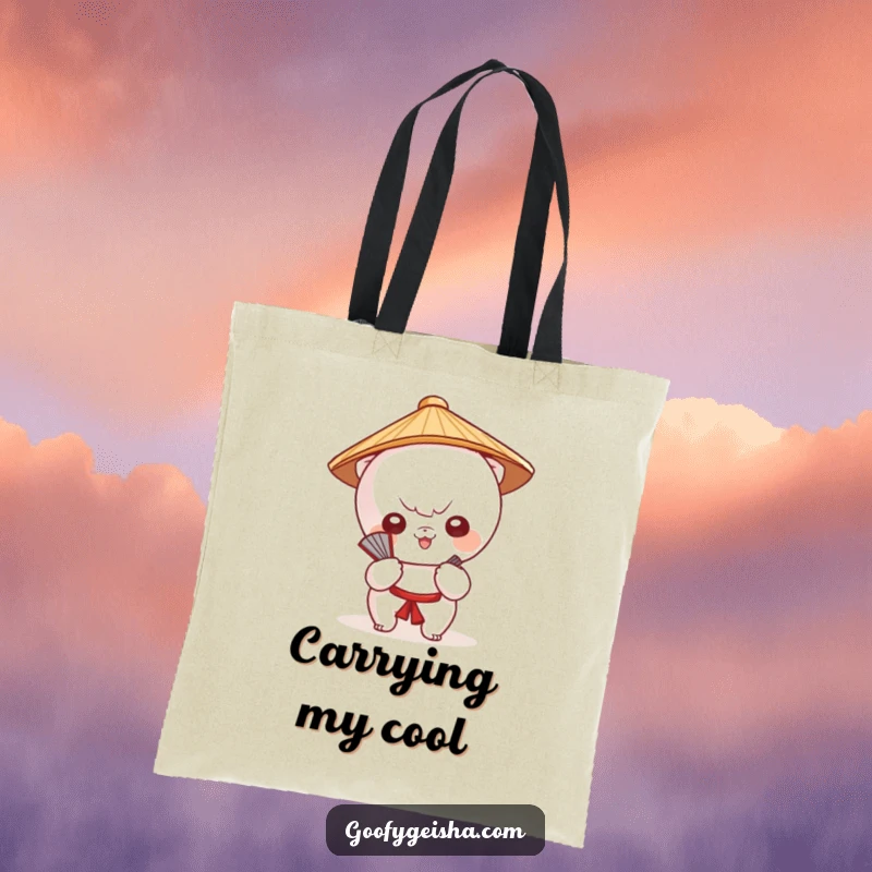 Funny tote bag shows a cute Kawaii character in a Japanese hat, fanning itself, perfect for stylish carrying.