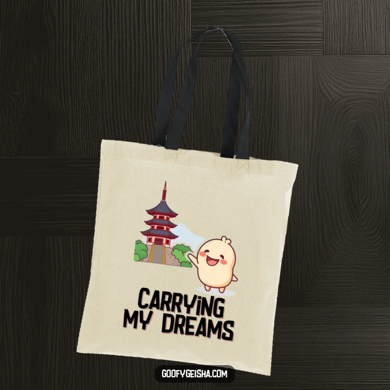 Funny Kawaii Tote Bag: Grinning character excitedly pointing towards a distant pagoda, ideal for errands, shopping, and a dose of funny charm.