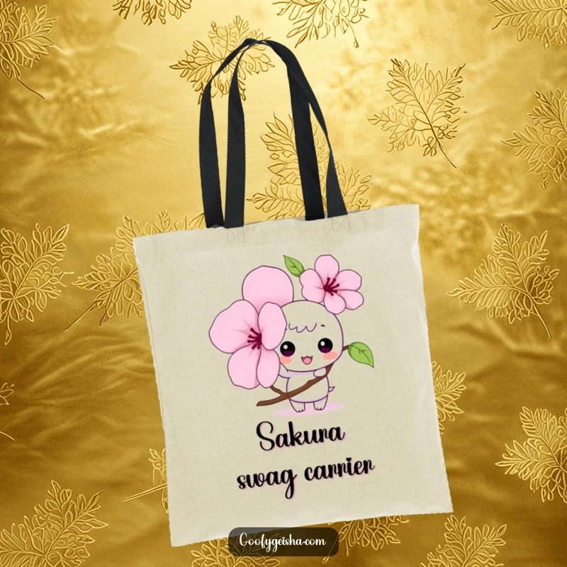 Funny Kawaii tote bag with a mischievous character tapping a giant cherry blossom petal, ideal for carrying items with style.