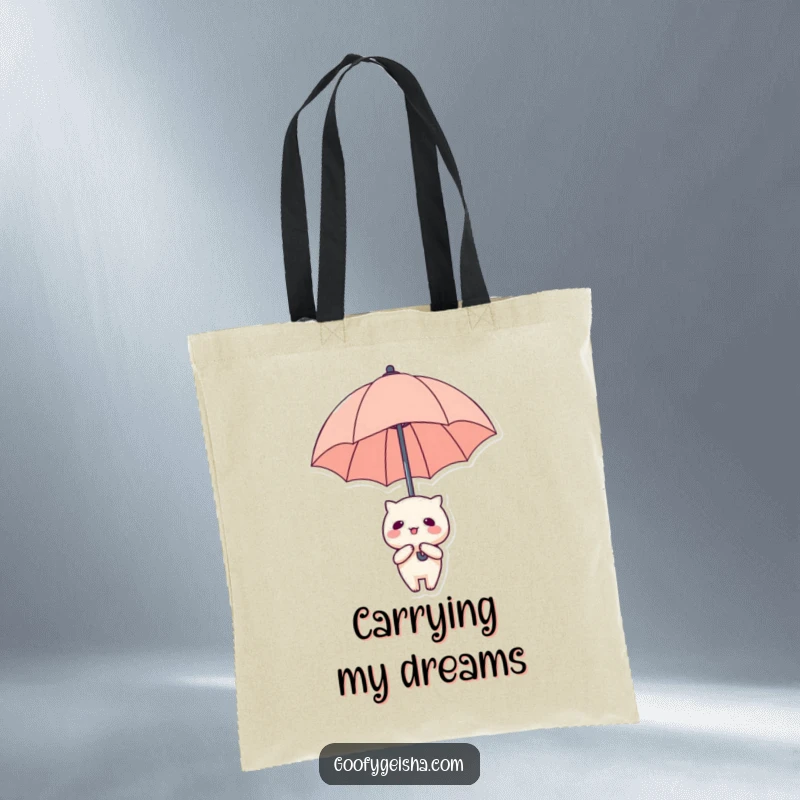 Funny Tote Bag: Kawaii character holding an oversized umbrella, floating upwards with a smile, pure joy.
