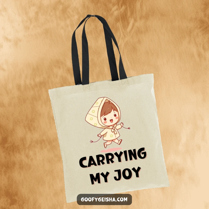Funny tote bag showing a happy character skipping with a patterned kite, perfect for carrying items with a joyful flair.