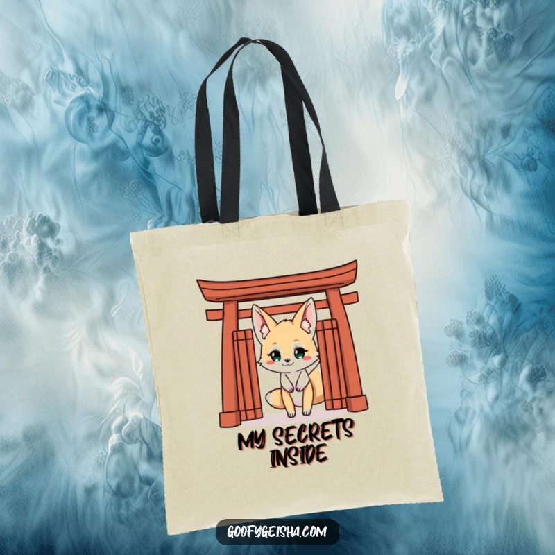 Funny Kitsune Fox Tote Bag: A mischievous Kitsune peeks with a grin from behind a Torii gate, perfect for everyday use.