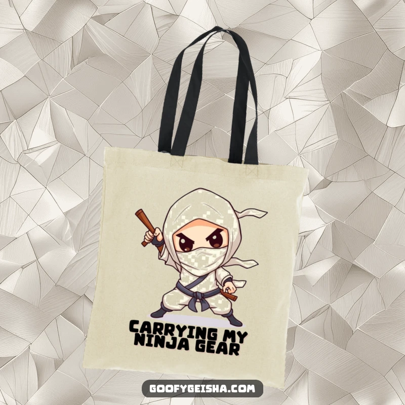 Funny Tote Bag: Chibified character striking a dramatic ninja pose with a silly grin, ready for adventure.