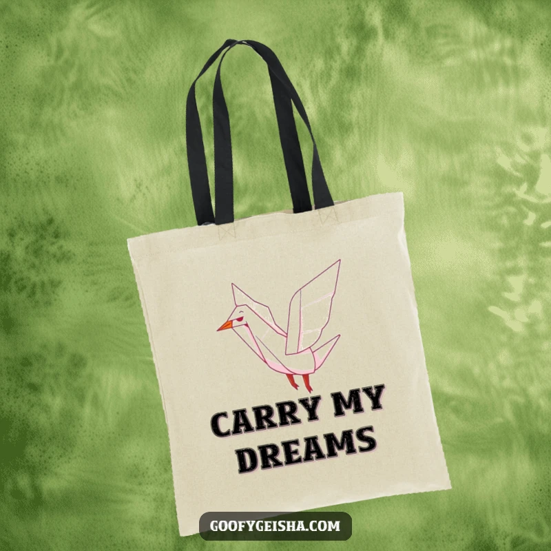 Funny tote bag showcasing a cute origami crane character flapping wings, perfect for shopping and carrying daily essentials with a touch of grace.