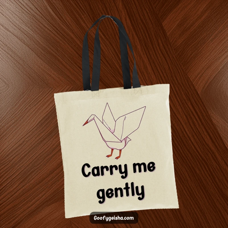 Funny tote bag with a whimsical origami crane playfully flapping its wings, ready to carry your artistic treasures.