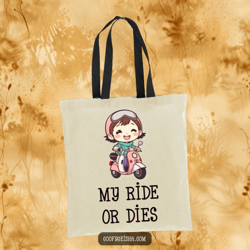 Funny tote bag depicting a happy character with a big grin riding a miniature scooter, ideal for stylish and humorous carrying.