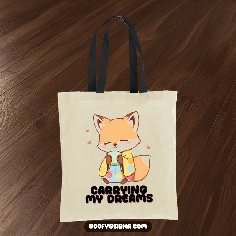 Funny tote bag with a sleepy fox in a colorful kimono dozing off holding a teacup, a stylish way to carry essentials.