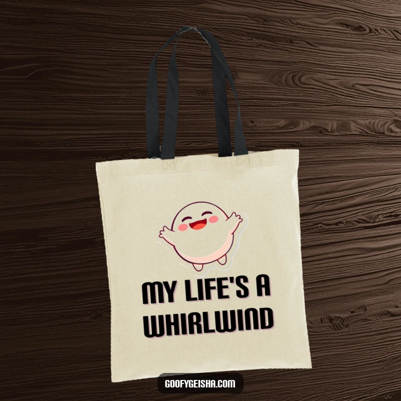 Funny spinning Daruma doll character tote bag, ideal for carrying essentials with a joyful, humorous flair.