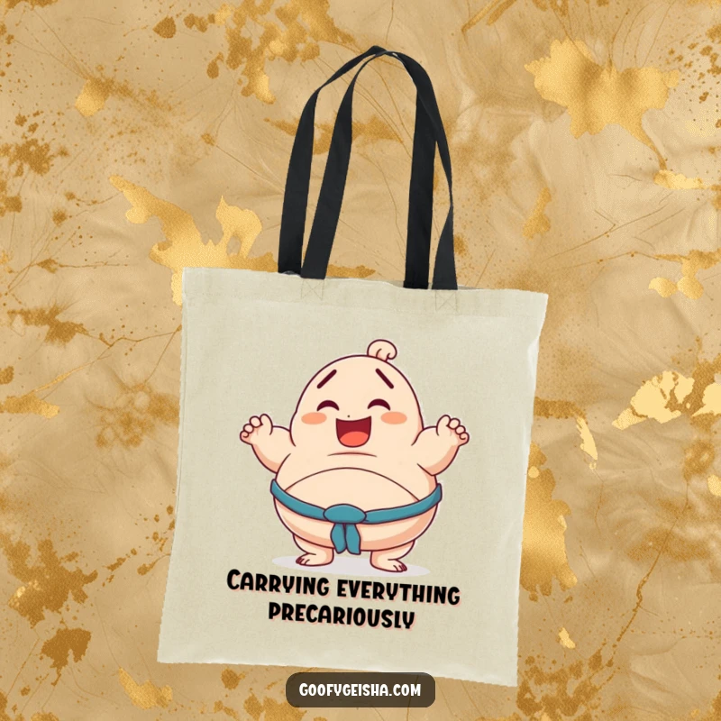 Funny tote bag showing a smiling character in a wobbly sumo pose, designed for carrying essentials with a humorous twist.