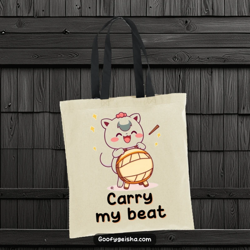 Funny tote bag with a Kawaii character energetically playing a Taiko drum with exaggerated motions, perfect for carrying music gear or essentials.