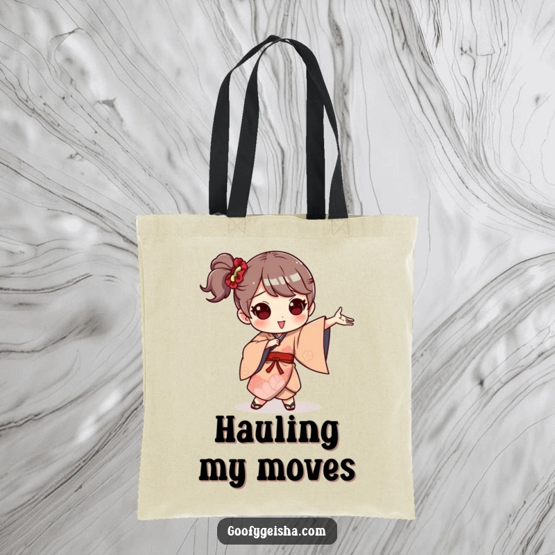 Funny tote bag showcasing a character in a flowing, whimsical kimono striking a ridiculously funny and energetic dance pose.