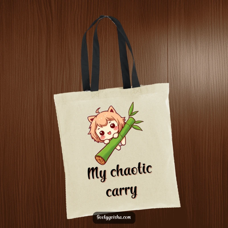 Funny tote bag showing a character with a funny expression sliding down a bamboo stalk, perfect for carrying items with humor.