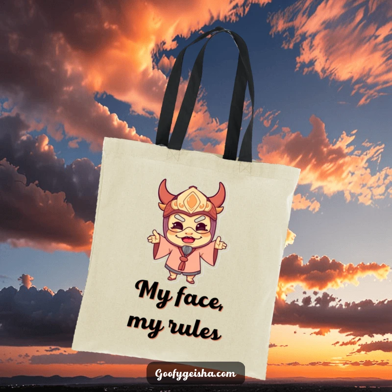 Funny tote bag featuring a character wearing a traditional mask, captured mid-silly pose, conveying infectious delight and playful energy.