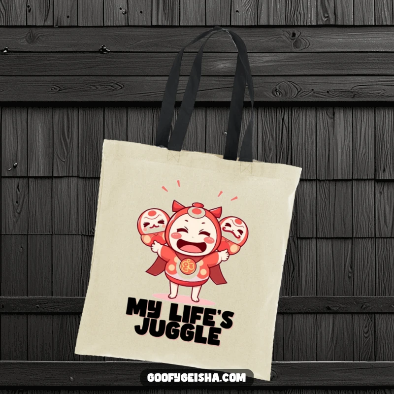 Funny Kawaii Tote Bag: Cheerful, bewildered character juggling colorful daruma dolls, a fun accessory for daily life. Perfect funny gift.