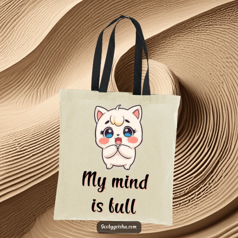 Funny Kawaii Tote Bag: Surprised character clutching head, eyes wide with delight, perfect for shopping and carrying funny surprises.