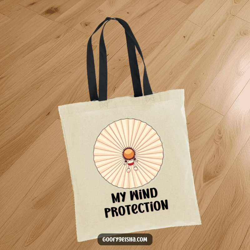 Funny tote bag illustrating a small character seeking shade behind a huge, happy fan. Great for carrying essentials with a humorous vibe.