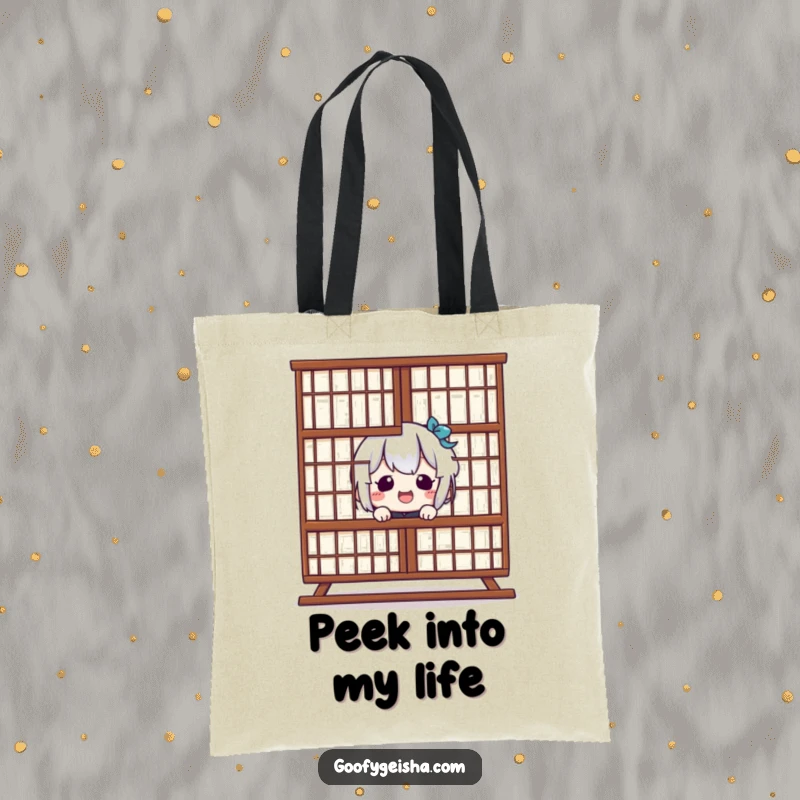Funny Kawaii Tote Bag: Giggling character peeking from behind Shoji screen, a fun and humorous accessory. Perfect funny gift.